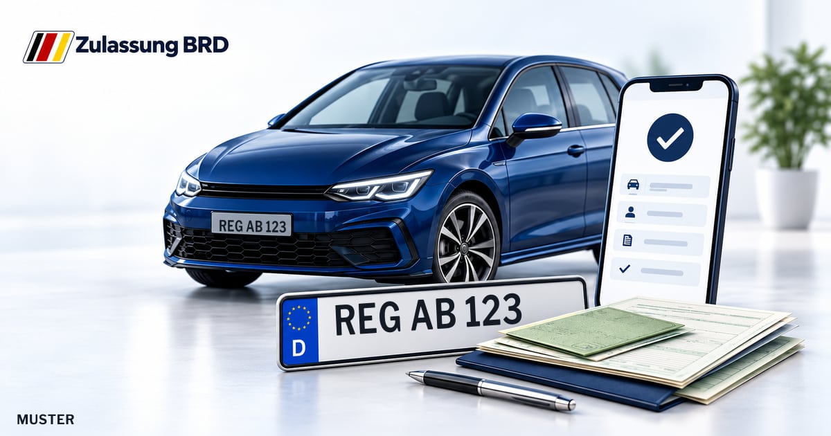 Online Fahrzeugzulassung in Landkreis Regen: Musterkennzeichen REG AB 123, Auto und Fahrzeugpapiere und Smartphone. Illustration mit Logo von Zulassung BRD.
